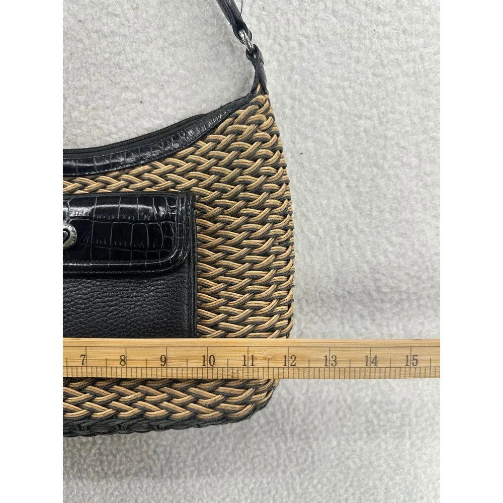 Brighton Woven Shoulder Bag Black Leather Pocket Tan Hobo Purse